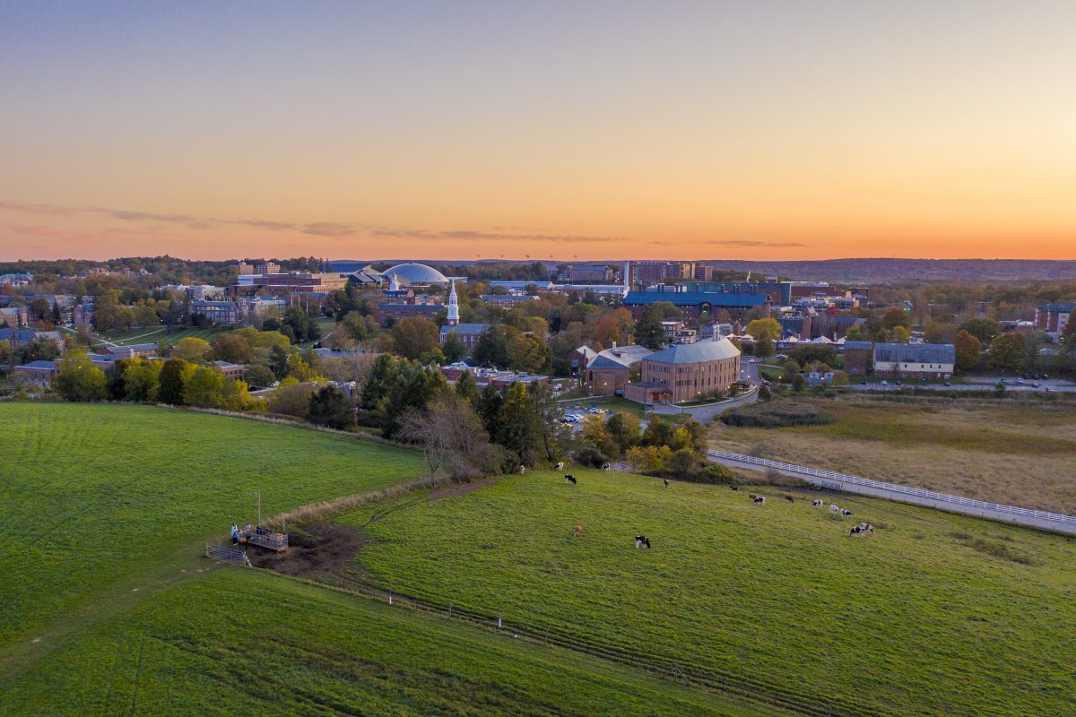 Aerial (drone) view of Horsebarn Hill and the UConn skyline